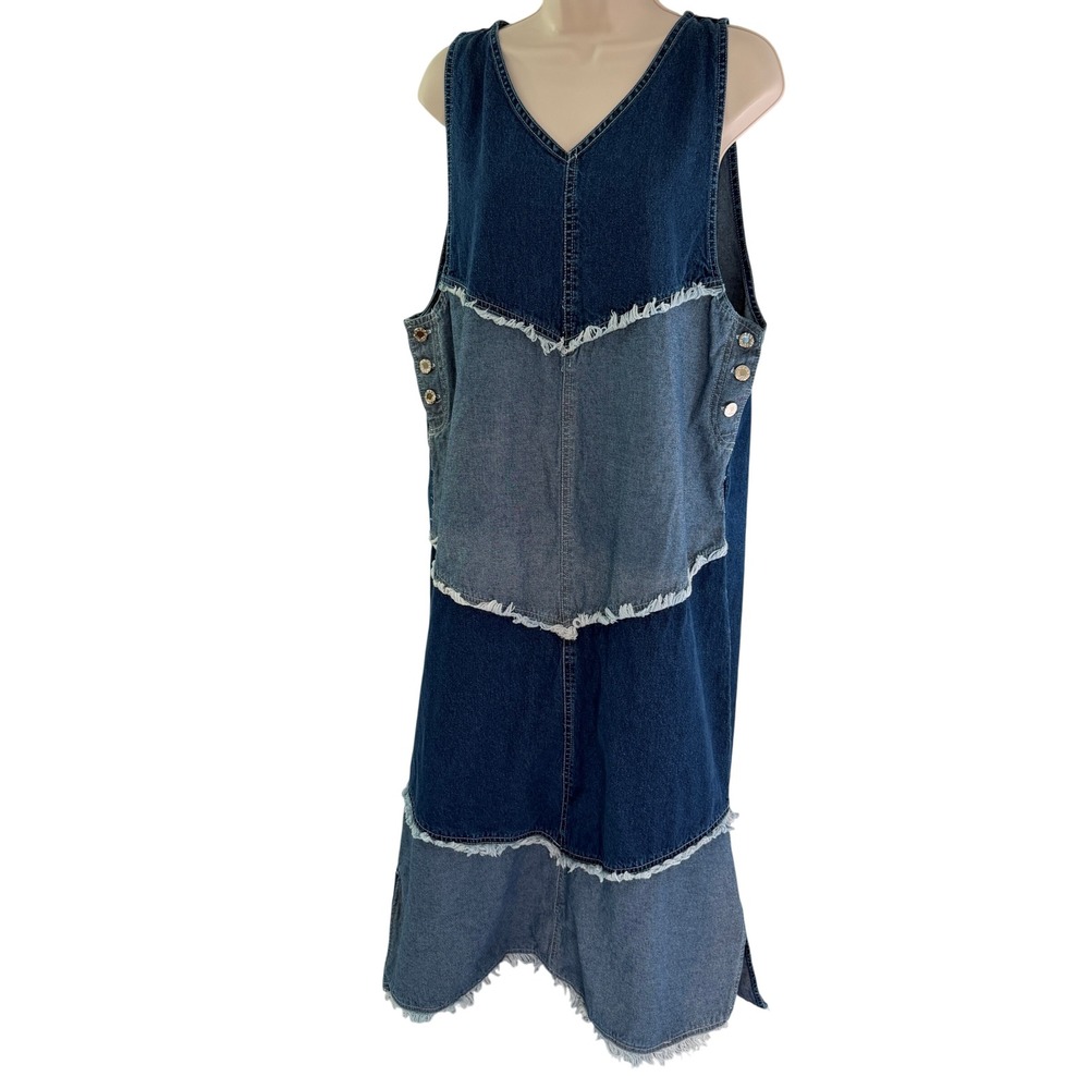 Jazzie Denim Patchwork Midi Dress Womens Medium Blue Frayed Tiered Sleeveless - Picture 2 of 14